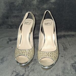 Simply Belle Tan and Silver Peep-Toe Heels